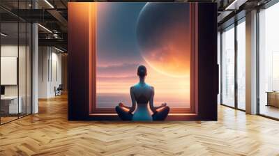 A person sits in a peaceful yoga pose, hands resting gently on their knees, in deep meditation. The soft, diffused lighting in the background, an atmosphere of serenity and relaxation. - Generative AI Wall mural