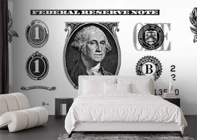 1 US dollar banknote. Elements for design purpose on white background Wall mural