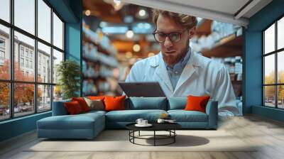 A professional male pharmacist in a white coat uses a digital tablet and checks the availability and quality of drugs in the pharmacy. Medical Modern Technologies, Healthcare Concepts, Health Products Wall mural