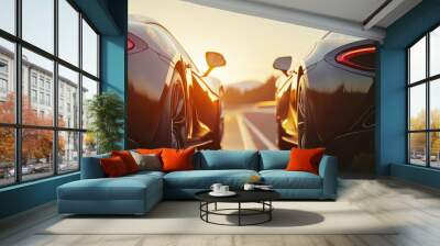 A rear view of two modern sports cars driving along a highway on a sunny day Wall mural