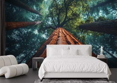 Amazing bottom up view of huge redwood trees in forest Wall mural