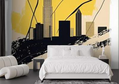 Artistic Cleveland skyline poster featuring a minimalist design with a skyline against a vibrant yellow background Wall mural