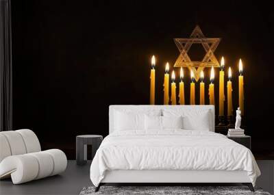  Hanukkah light tradition: Star of David, candles burn bright, celebrating faith, heritage, and the lasting spirit of unity, spreading joy and peace during the cherished days of the holiday. Wall mural