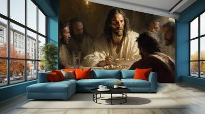 A biblical religious concept from the life of Jesus Christ, God. Last Supper, 12 Apostles, faith, Bible. Secret Supper. Jesus christ holding prayer to god father. Generative AI Wall mural