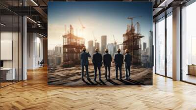 Builder concept. Real estate investment, builders businessmen, investors architects, making a plan for future construction, planning for the next time, high-rise skyscrapers, big project Wall mural