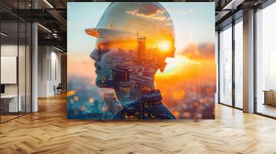 Building progress: worker in a helmet on background of city construction site, double exposure concept for labour day, celebrating dedication and hard work that drives urban development. Wall mural