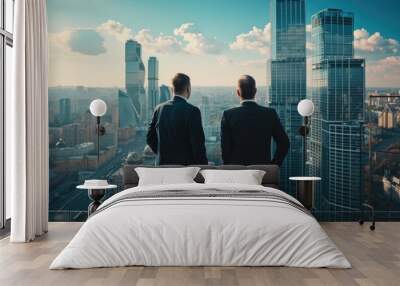 Businessmen on roof - investments, patron, business: economic growth strategic capital investment and innovative building initiatives, success in the dynamic landscape of entrepreneurial development. Wall mural