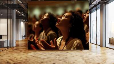 Capturing divine moments: church worship concept Christians, raised hands, earnestly pray and worship to cross in the sacred ambiance of a church building, expressing faith and spiritual connection. Wall mural