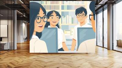 Cartoon office hustle: lively animation depicting a group of comical office workers engaged in various tasks and interactions within the office Wall mural