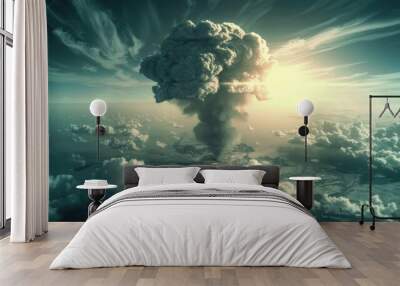 Catastrophic event - atomic explosion and horrific aftermath, devastating impact and long lasting consequences of nuclear devastation, highlighting human and environmental toll. Wall mural