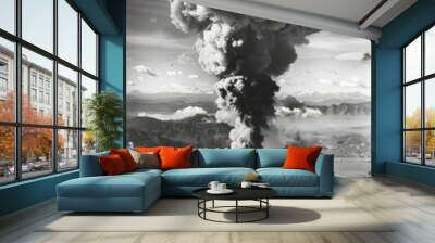 Catastrophic event - atomic explosion and horrific aftermath, devastating impact and long lasting consequences of nuclear devastation, highlighting human and environmental toll. Wall mural