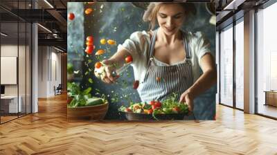 Charming female cook in the kitchen: capturing the grace and skill of a woman passionate about culinary arts, celebrating the artistry and creativity of cooking in a warm and inviting atmosphere. Wall mural