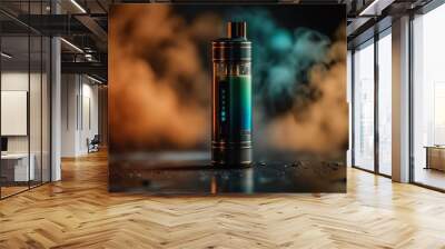 Colored e-cigarettes for vaping and various fruits. The symbol of the vape device. E-cigarette. Store for vaping. Nicotine problem and addiction. Stop. The club of vapor and smoke. Generative AI Wall mural