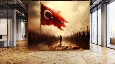 Commemorating 30 ağustos: victory day, a national holiday in Turkey,f lag symbol of republic. zafer bayramı festivities highlight nation's triumph, pride, marking significant moment turkish history Wall mural