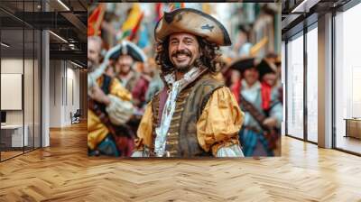 Elegant musketeer in historical attire, portraying bravery and chivalry in an enchanting renaissance setting, a symbol of classic heroism and adventure Wall mural