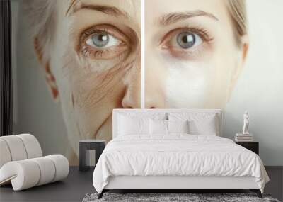 Groomed and aged facial skin simultaneously, highlighting transformative power of skincare products for youthful radiance and graceful aging, comprehensive approach to beauty wellness banner Wall mural