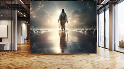 Jesus Christ walks on water. Religious concept . Bible. Faith. Drawing with paints. Painting. Generative AI Wall mural