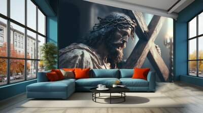 Jesus Christ with Crown of Thorns. Easter, Crucification or Resurrection concept. He is Risen. Religious. easter and good friday. Savior of mankind. Generative AI Wall mural