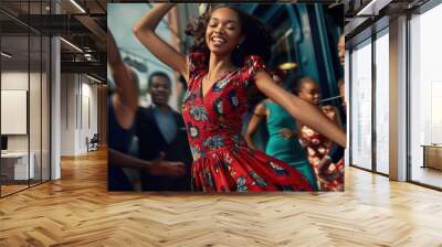 Nostalgic portraits black individuals 1960s early 1970s, soulful essence of young women in vibrant dresses, men grooving to jazz melodies, celebrating cultural vibrancy, resilience transformative era. Wall mural