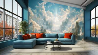 Paradise in Heaven: a unique concept central to religious teachings that depicts Kingdom of Heaven as a realm of eternal life and divine presence, bridging mortal existence and transcendent reality. Wall mural