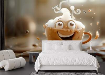 Perky coffee buddy: 3d cute cartoon happy coffee bean character with steam - adding charm to your day with a lovable animated coffee bean, exuding happiness and warmth from a full cup of joe. Wall mural