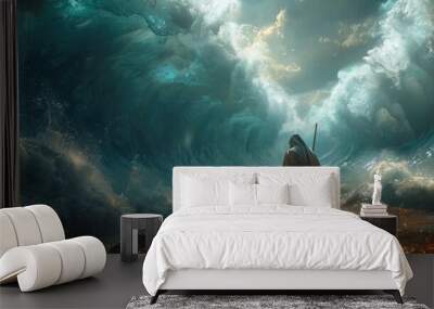 Portrait of the biblical back view of Moses dividing the sea with his stick: a depiction of divine power and liberation, with towering walls of water parting to reveal a path of destiny. Wall mural