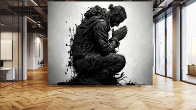 Praying man hoping for better. Asking God for good luck, success, forgiveness. Power of religion, belief, worship. Holding hands in prayer, eyes closed. Generative AI Wall mural