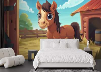 Whimsical horse : a beautiful cartoon illustration of a horse - bringing joy and charm to the depiction of these beloved animals with playful lines and vibrant colors in a delightful cartoon style. Wall mural