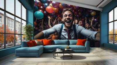 Workplace celebration - corporate party fun, vibrant atmosphere, interactive games, collective enjoyment of a corporate event that boosts morale and strengthens team spirit Wall mural