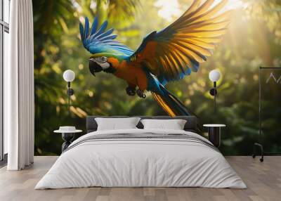 Beautiful colorful parrot flying between dense jungle in wild nature with sun rays Wall mural