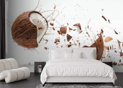 Close up of whole and broken coconut in air isolated on white Wall mural