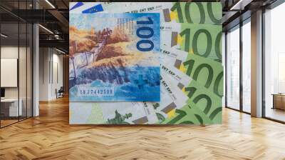 Closeup of 100 Swiss franc banknote and 100 euro banknotes Wall mural