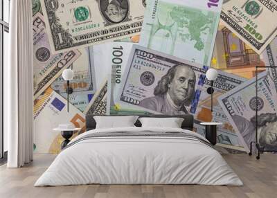 Closeup of dollar and euro banknotes  Wall mural