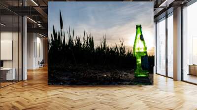 Bottle on a background of sunny sunset. Wall mural