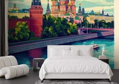 Explore the vibrant beauty of Moscow with a modern artistic poster showcasing the Kremlin and St. Basil's Cathedral along the river Wall mural