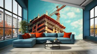 A large building is under construction with a crane on top Wall mural