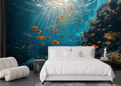 A vibrant coral reef that is teeming with an abundance of colorful fish Wall mural