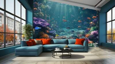 A vibrant coral reef that is teeming with an abundance of colorful fish Wall mural