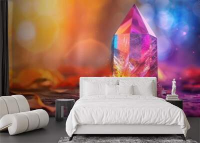 A vibrant rainbow crystal sits gracefully on a table Wall mural