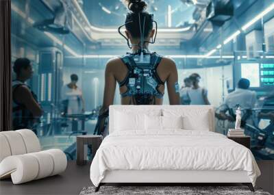 A woman in a robotic suit stands in a room with others Wall mural