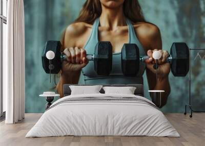 A woman is confidently holding a pair of dumbbells above her shoulder Wall mural