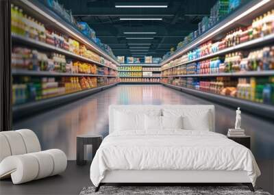 Abstract supermarket aisle with colorful shelves and unrecognizable customers as background Wall mural