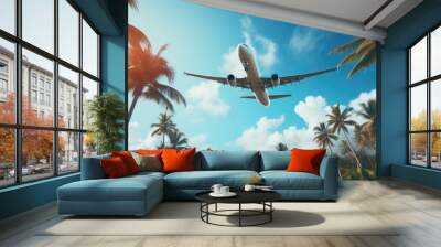 airplane flying over tropical palm trees. clear blue sky vacation time. Wall mural