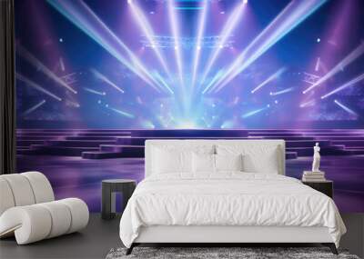 An empty stage that features an enchanting display of purple and blue lights radiating beautifully from it, creating a captivating atmosphere Wall mural