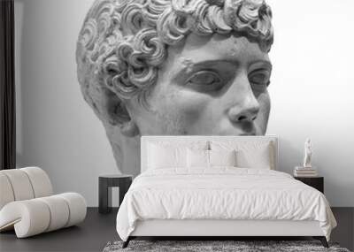 Ancient roman marble portrait of a boy. Young man head statue isolated on white background. Antique sculpture Wall mural