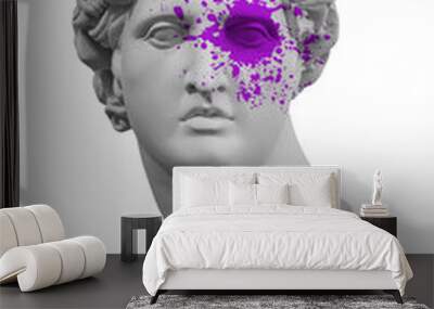 Ancient statue of Apollo God of Sun head isolated on a white background with paint splash. Plaster sculpture of man face. Renaissance portrait Wall mural