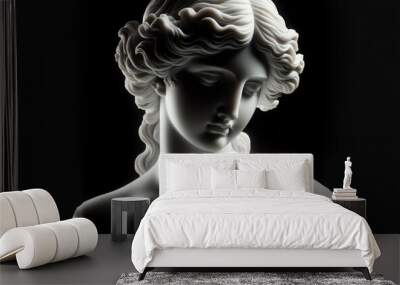 Ancient white marble sculpture head of young woman. Statue of sensual renaissance art era woman antique style. Face isolated on black background Wall mural