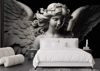 Angel sculpture. Black and white image of ancient statue Wall mural