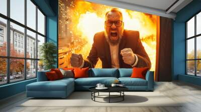 Angry crazy bad tempered young office manager or business man feeling pissed off loses control and yells with a flames of fire on background Wall mural