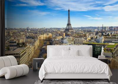 Beautiful panoramic view of Paris from the roof of the Triumphal Arch. Champs Elysees and the Eiffel Tower Wall mural